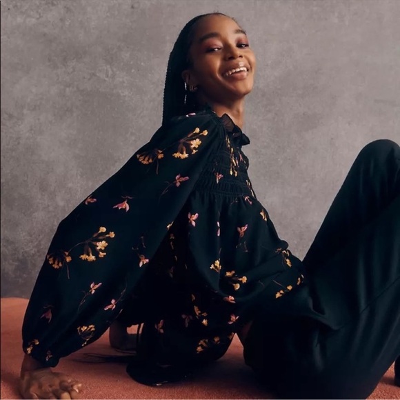 - NWT Madewell Georgette Ruffle-Collar Smocked Top in Falling Freesias B… - Picture 9 of 14